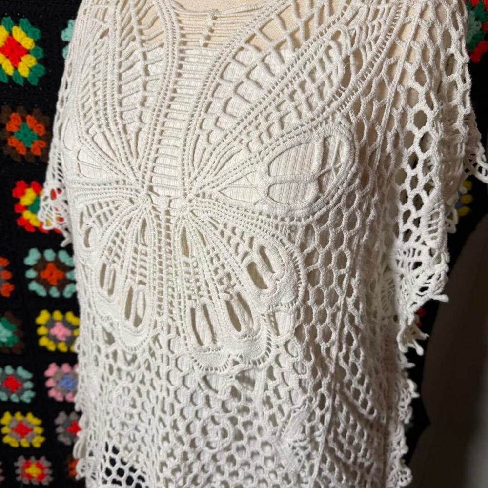 Y2K Ivory Crochet Butterfly Poncho Top Plus Size 1X 22/24